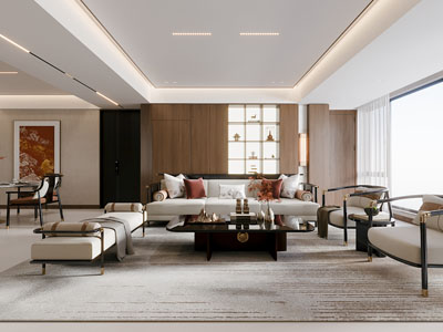 新中式客厅餐厅3d模型 新中式客厅餐厅