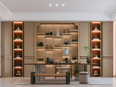 新中式别墅挑高茶室3d模型 新中式别墅挑高茶室