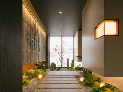 新中式走廊过道 室内景观园艺小品