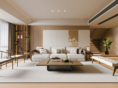 新中式客厅 楼梯间3d模型 新中式客厅 楼梯间