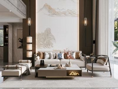 新中式别墅挑高客厅3d模型 新中式别墅挑高客厅