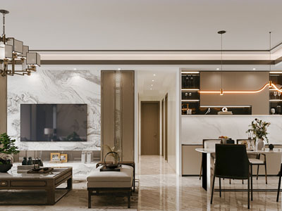 新中式客厅餐厅3d模型 新中式客厅餐厅