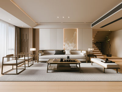 新中式客厅 楼梯间3d模型 新中式客厅 楼梯间