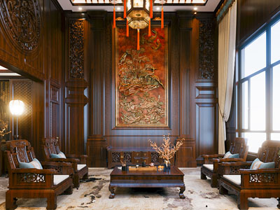 中式别墅挑高客厅3d模型 中式别墅挑高客厅