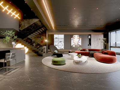 现代暗黑风客厅餐厅3d模型 现代暗黑风客厅餐厅