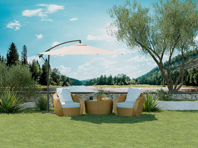 现代户外编织休闲单人沙发 边几 遮阳伞