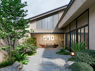 侘寂风别墅庭院景观园艺小品