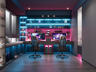 现代电竞房 电脑游戏房 手办柜