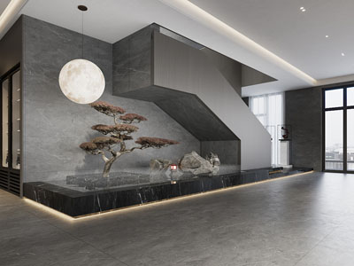 新中式楼梯间 松树景观园艺小品