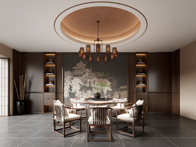 新中式中古风餐厅3d模型 新中式中古风餐厅