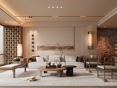 新中式中古风客厅3d模型 新中式中古风客厅