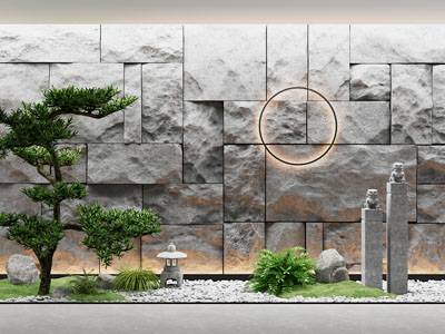 新中式室内松树 石狮子 花草景观园艺小品