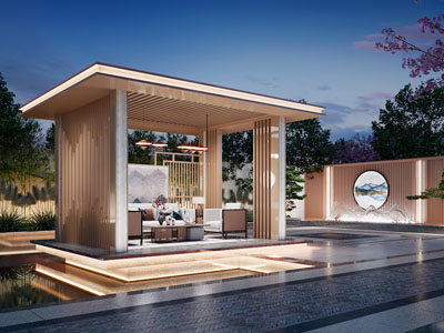 新中式庭院景观 廊架亭子水景