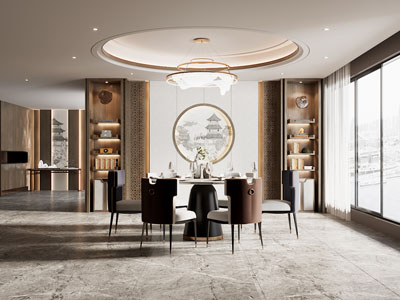 新中式餐厅3d模型 新中式餐厅