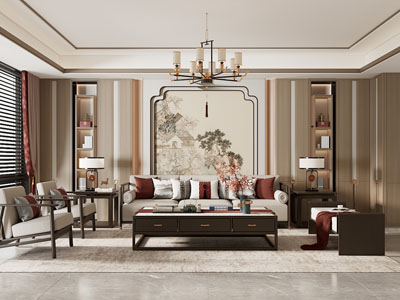 新中式客厅3d模型 新中式客厅