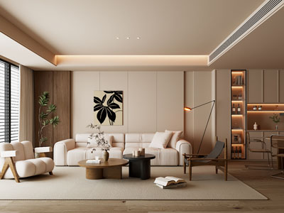 现代奶油风客厅餐厅3d模型 现代奶油风客厅餐厅