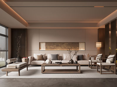 新中式中古风客厅3d模型 新中式中古风客厅