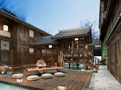 新中式民宿酒店庭院景观园艺小品 茶桌椅组合