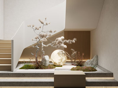新中式楼梯间景观园艺小品