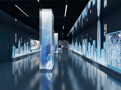 现代科技展厅展览 互动透明屏 城市天际