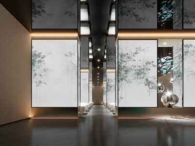 新中式大堂 大厅3d模型 新中式大堂 大厅