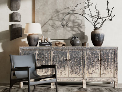 侘寂风中古玄关柜 休闲椅子3d模型 侘寂风中古玄关柜 休闲椅子