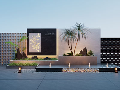 新中式景观背景墙 植物水景园艺小品