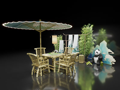 新中式竹编麻将娱乐桌椅组合 美陈