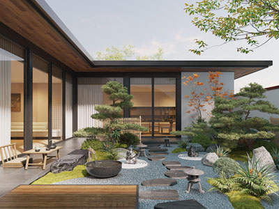 新中式庭院松树景观园艺小品