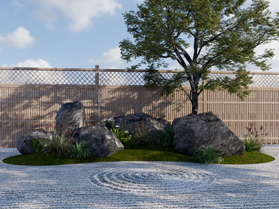 新中式石头 树木景观园艺小品