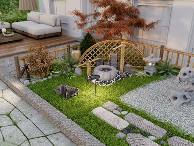 新中式庭院植物假山景观园艺小品