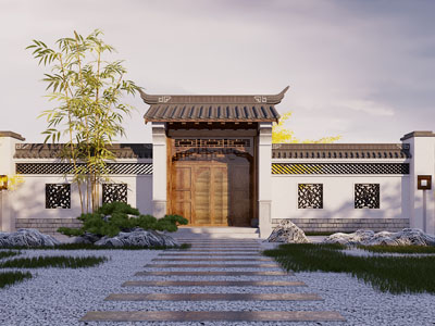 新中式庭院大门 围墙 景观园艺小品