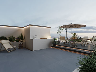 现代露台休闲桌椅组合 植物景观园艺小品