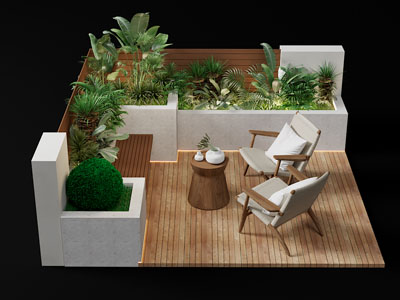 现代露台植物景观园艺小品 休闲桌椅组合