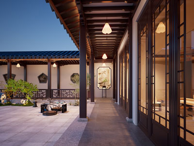 新中式连廊 走廊过道 庭院景观园艺小品