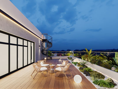 现代阳台 休闲桌椅 植物景观园艺小品