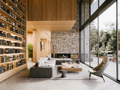 现代别墅原木风挑高客厅