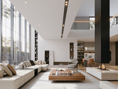 现代别墅挑高客厅餐厅