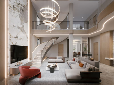 现代别墅挑高客厅餐厅