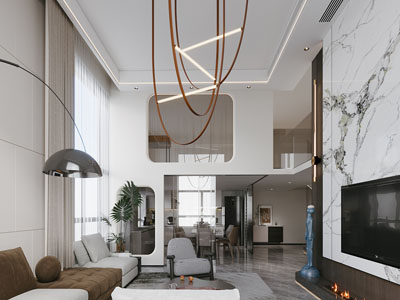 现代别墅挑高客厅餐厅