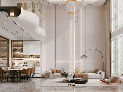 现代轻奢别墅挑高客厅餐厅