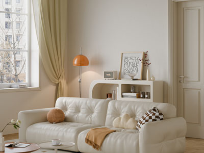 现代奶油风客厅双人沙发 茶几组合