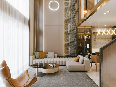 现代轻奢别墅挑高客厅餐厅