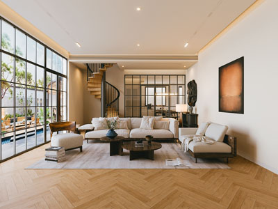 现代中古风客厅 旋转楼梯