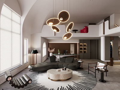 现代别墅挑高客厅餐厅
