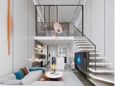 现代loft公寓挑高客厅餐厅