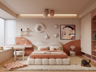 现代奶油风卧室 儿童房 公主房3d模型 现代奶油风卧室 儿童房 公主房