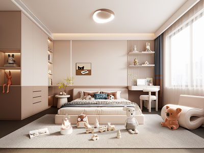 现代奶油风卧室 儿童房3d模型 现代奶油风卧室 儿童房