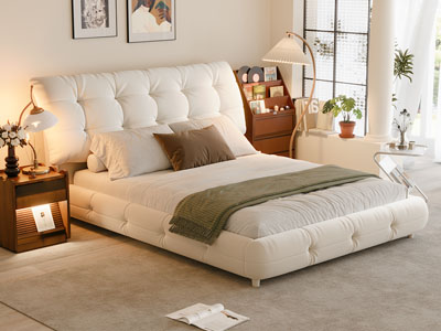 现代卧室奶油风双人床 床头柜