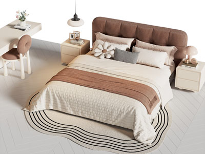 现代布艺双人床 床头柜 书桌椅组合